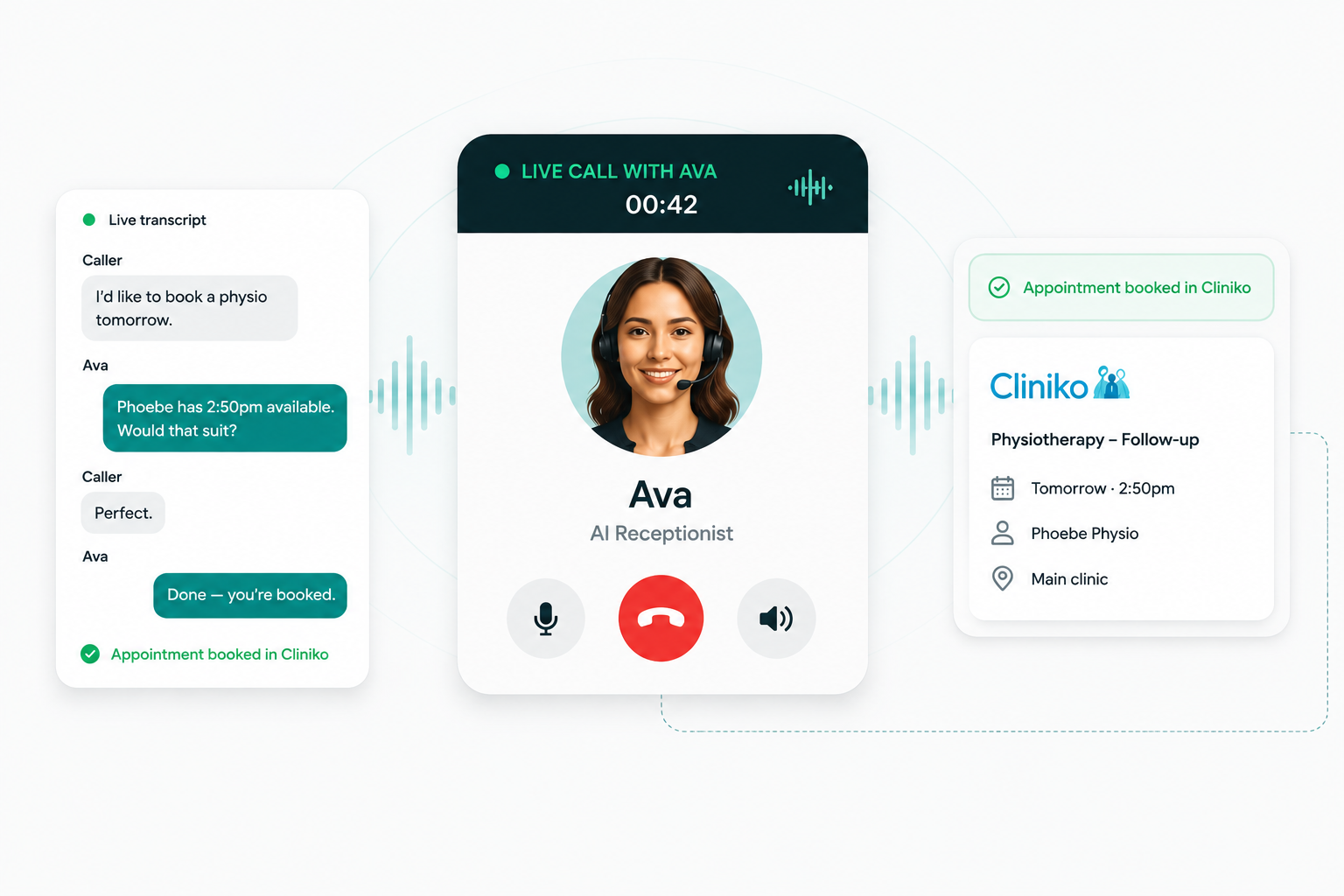 Ava on a live voice call with a patient, checking Cliniko availability and booking the appointment